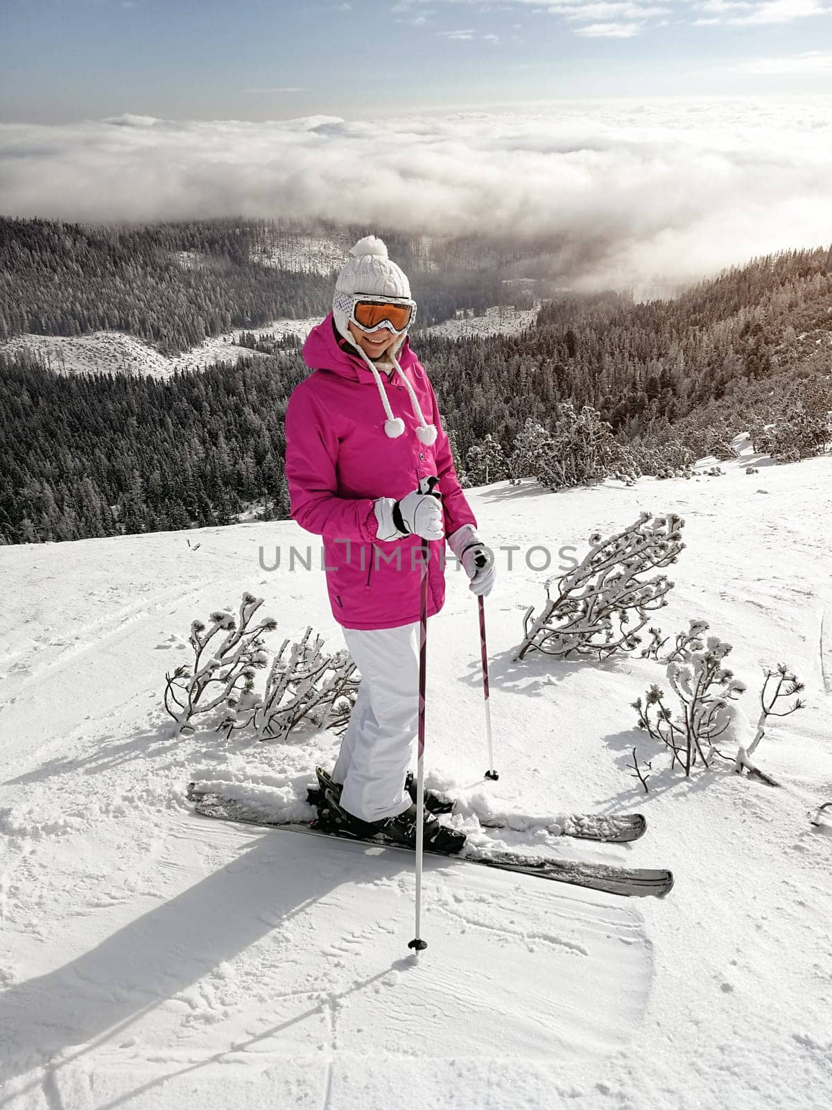 Young woman in pink jacket, skis, ski poles, goggles and hat, posing on the snow covered piste, sun shining to forest behind her.