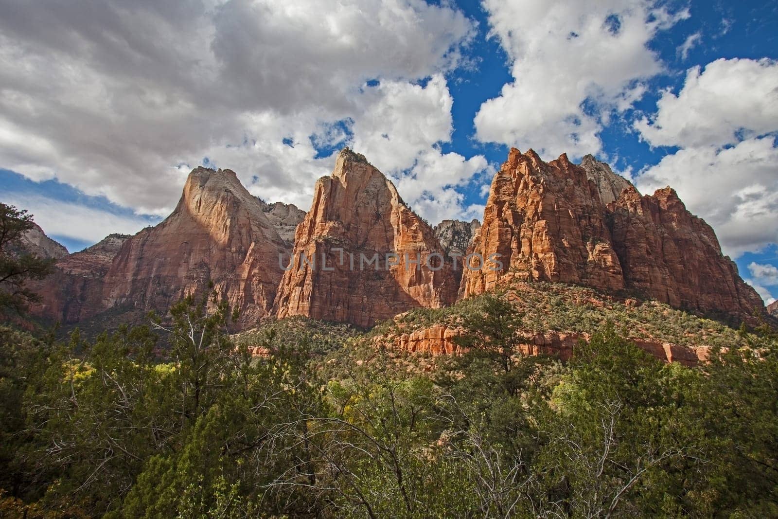Three sandstone peaks in the west of Zion Canyon known as the Three Patriarchs