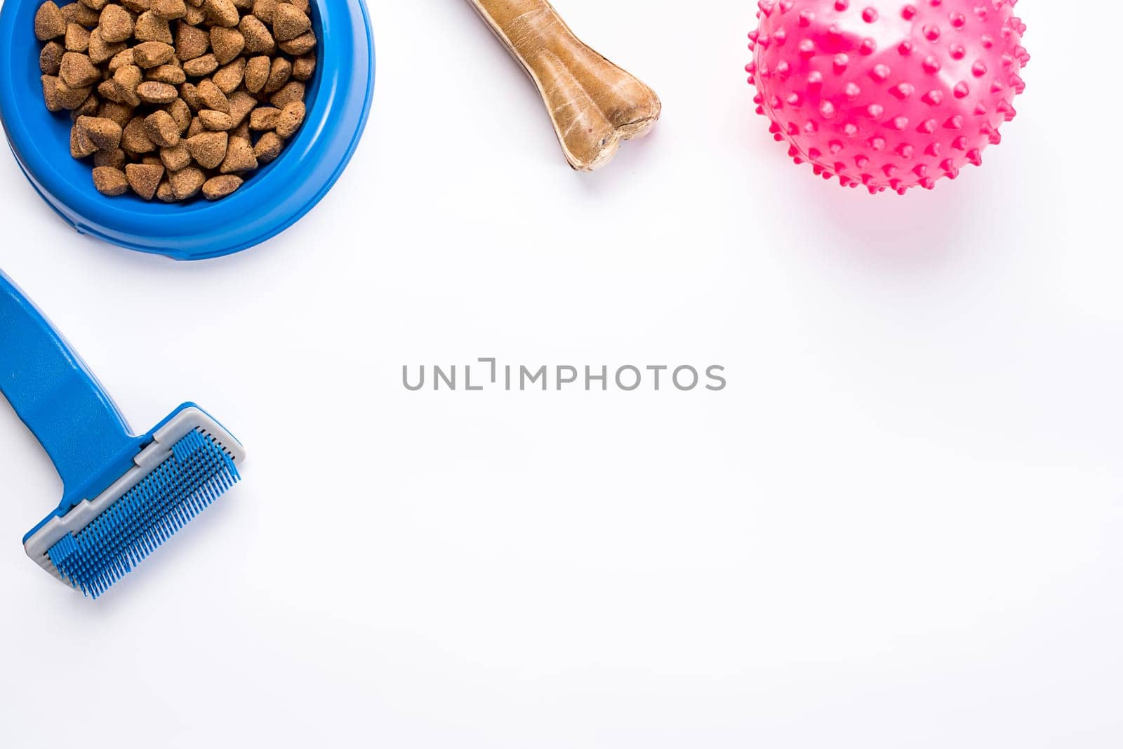 dry pet food in bowl and toys for dogs on white background top view. Still life. Copy space