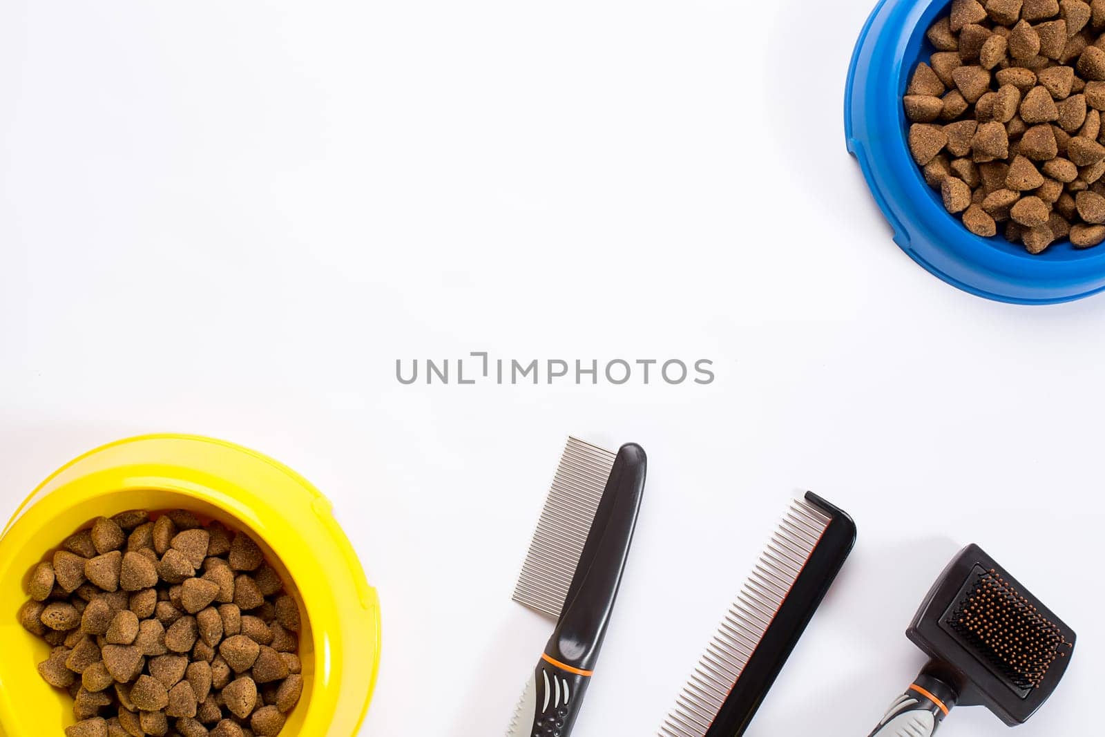 dry pet food in bowl, combs and brushes for dogs on white background top view. Still life. Copy space