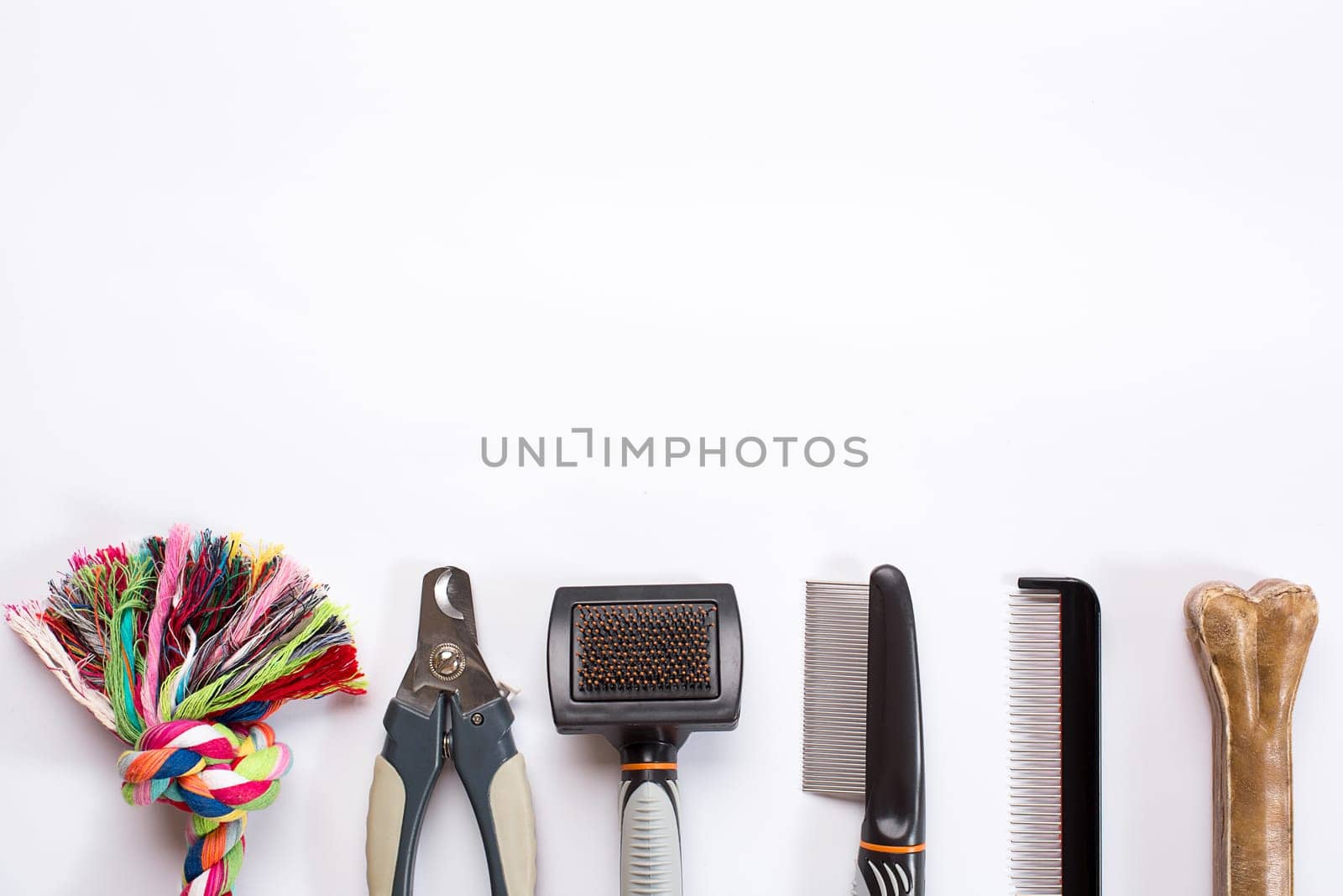 Acessories for the grooming of the dog. Combs and brushes for dogs. Top view. Still life. Copy space