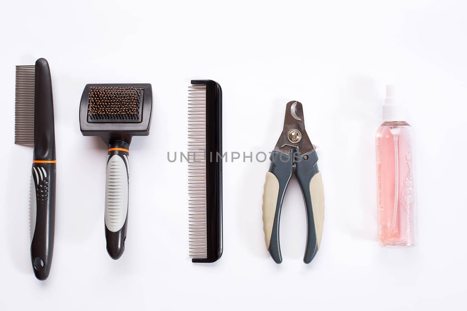Acessories for the grooming of the dog. Combs and brushes for dogs. Top view. Still life. Copy space