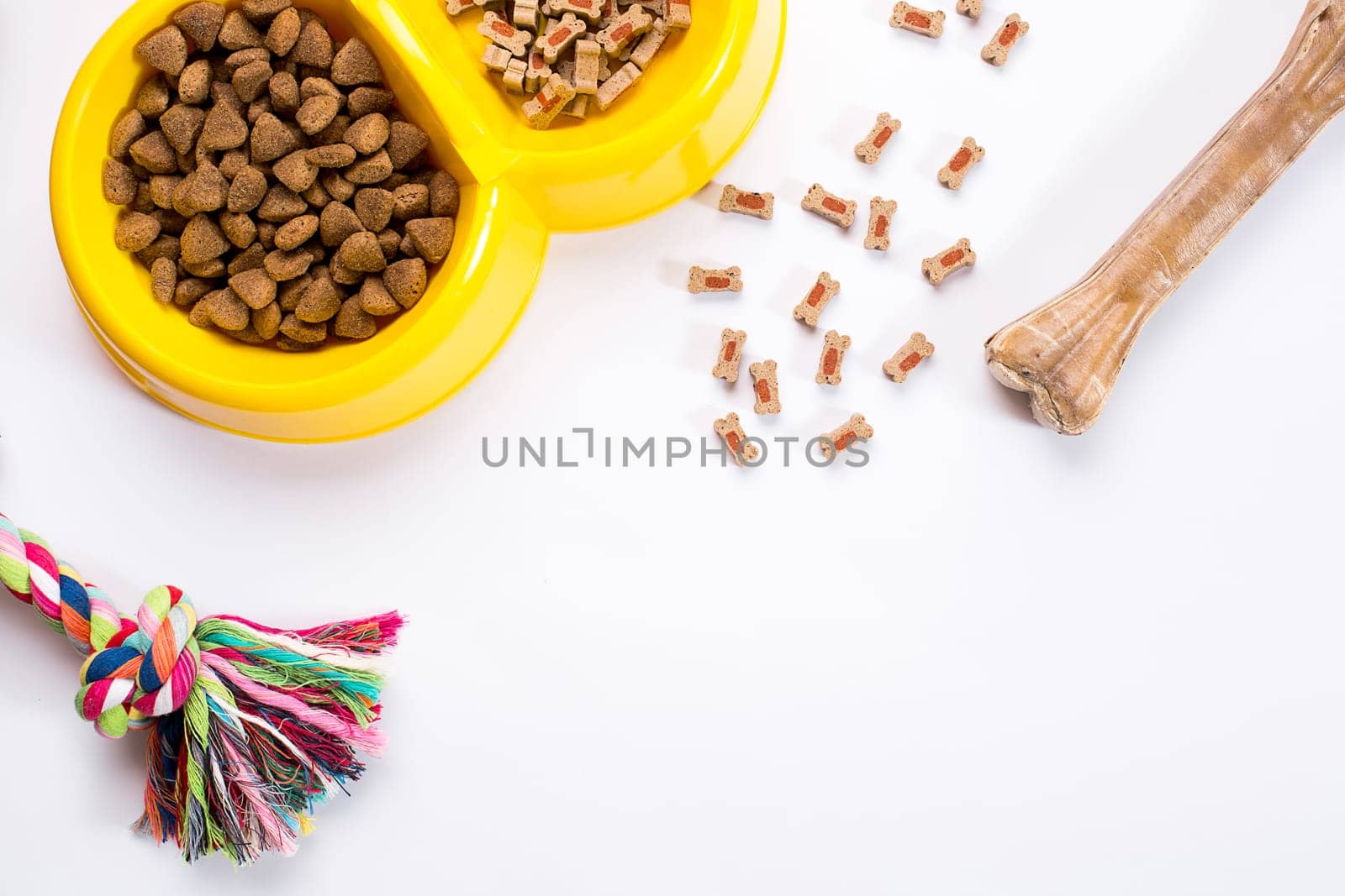 dry pet food in bowl and toys for dogs on white background top view. Still life. Copy space