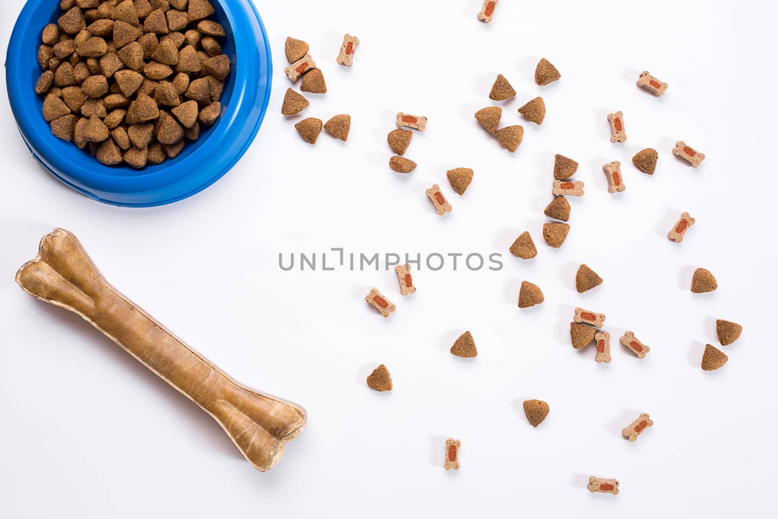 dry pet food in bowl on white background top view. Still life. Copy space