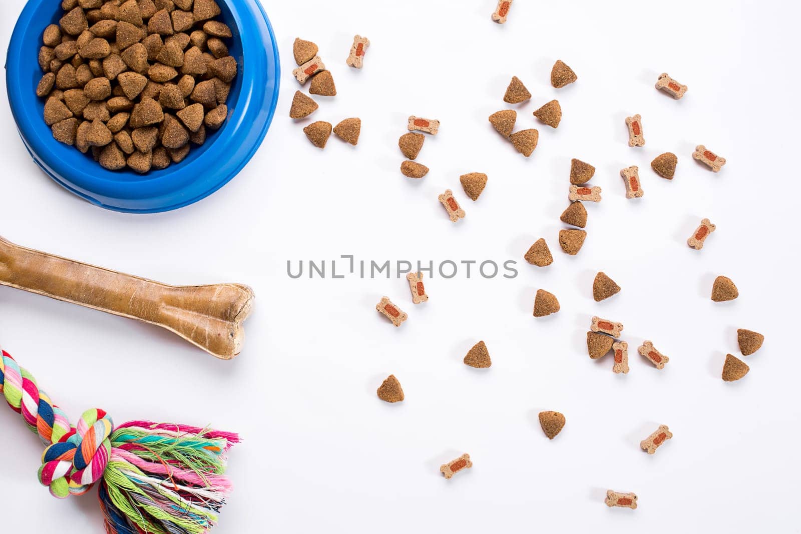 dry pet food in bowl and toys for dogs on white background top view. Still life. Copy space