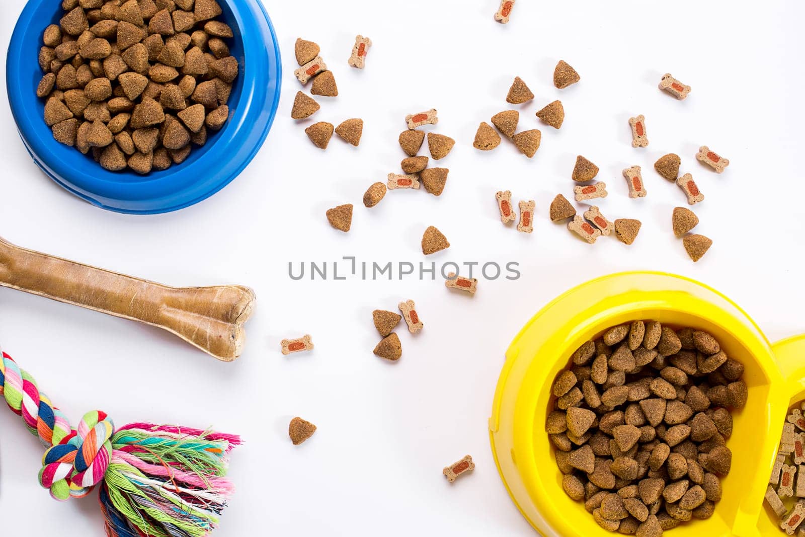 dry pet food in bowl and toys for dogs on white background top view. Still life. Copy space