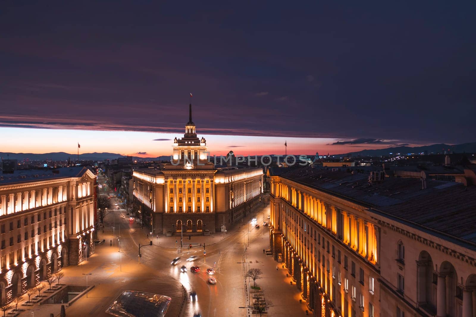 Aerial Sofia Bulgaria shot at night Largo Independence Square and Parliament building. Capital city in Europe, travel to Bulgaria