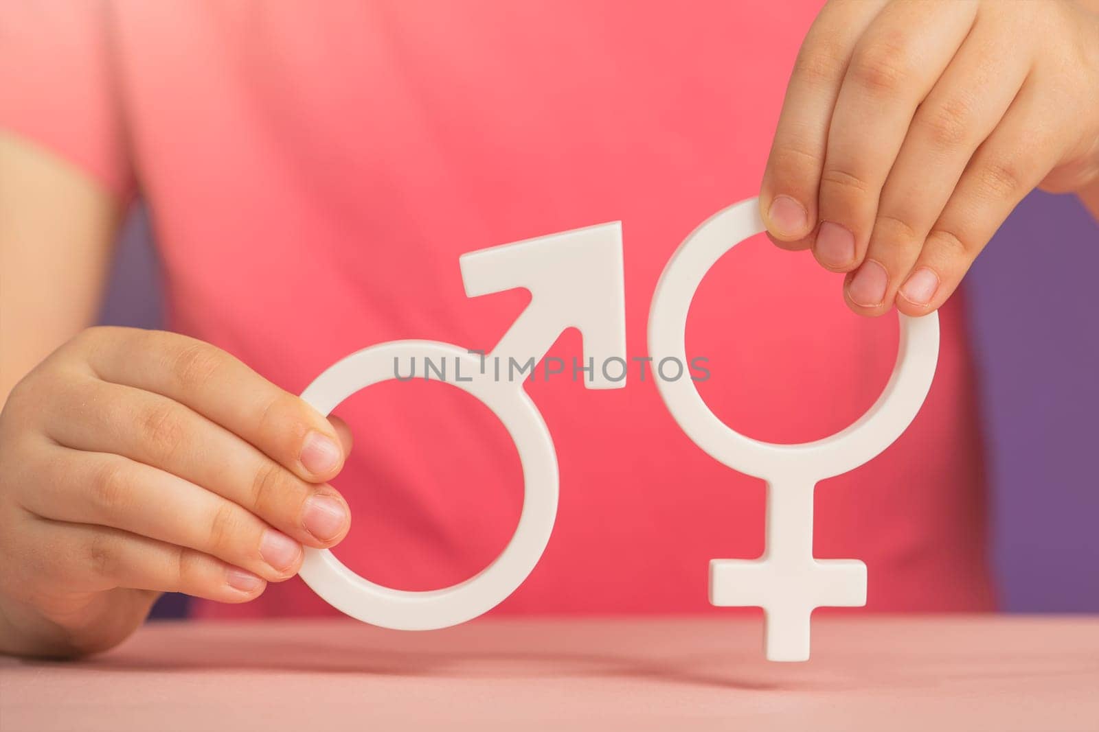 The concept of gender equality. Symbol of female and male gender in hand as a symbol of equality of rights. On a purple background in a pink t-shirt with copy space by SERSOL
