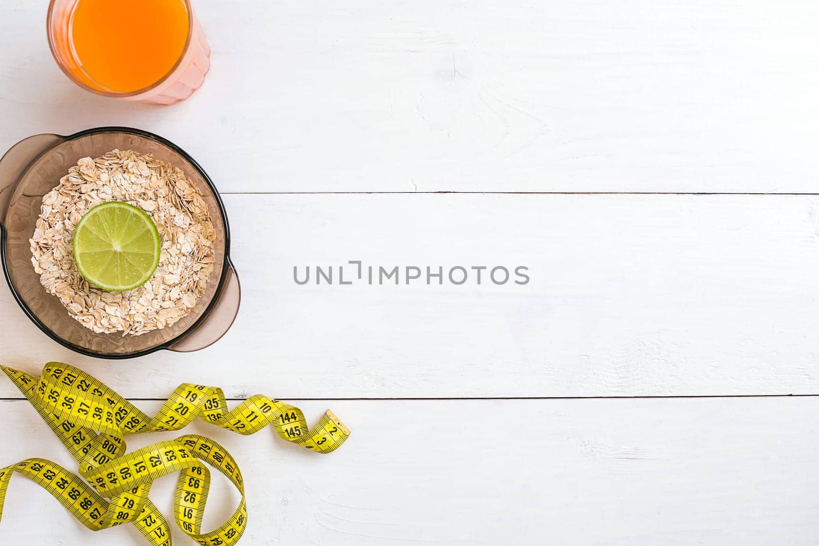 Healthy food with muesli and juice. Top view. Copy space