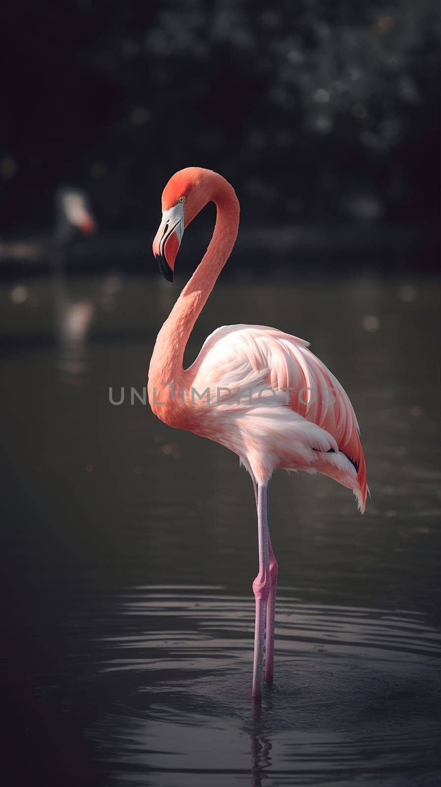 A pink flamingo stands in the water. Close-up. Generative AI.