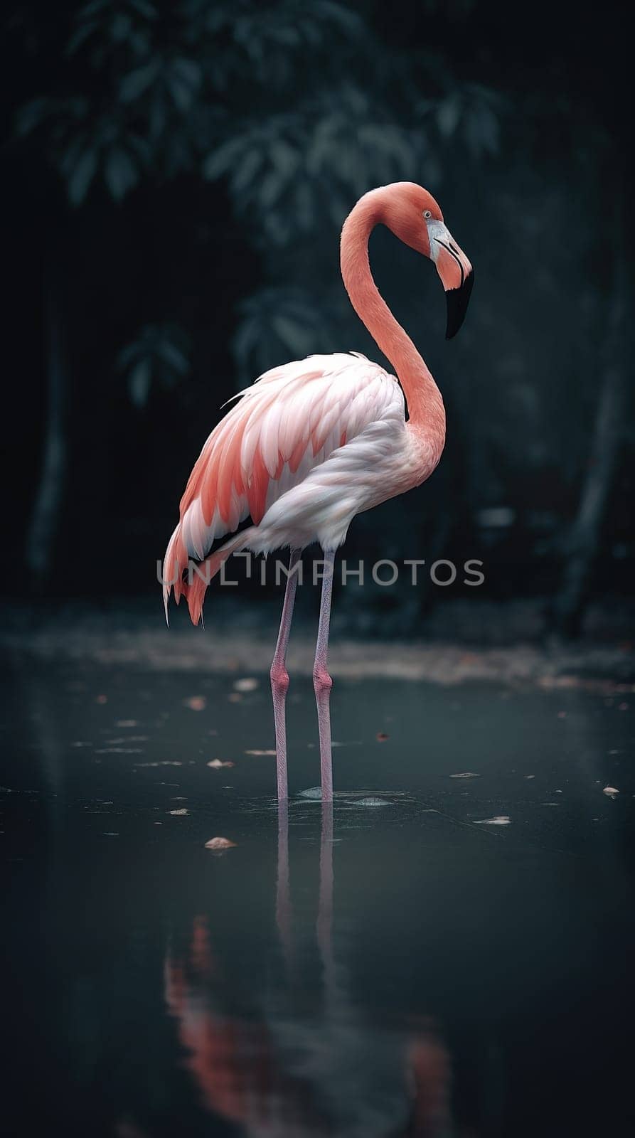 A pink flamingo stands in the water. Close-up. Generative AI by Yurich32