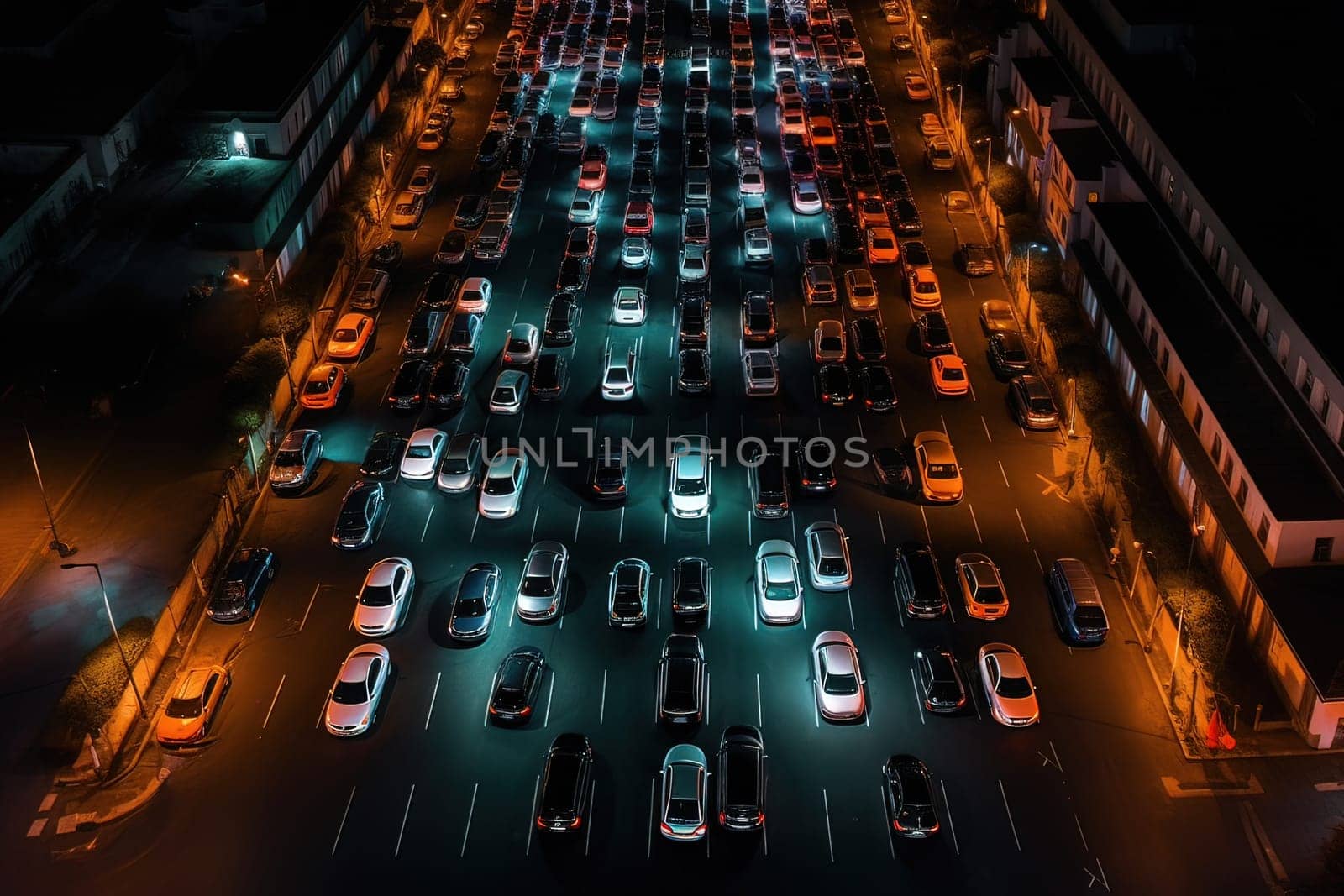 City parking with cars at night. Generative AI. High quality illustration