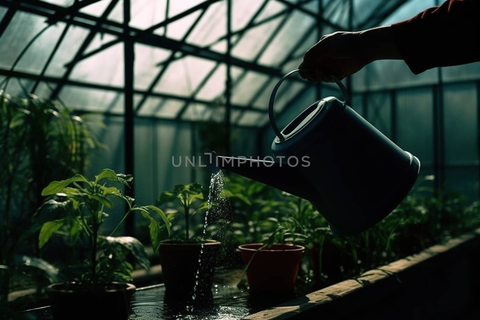 Hands watered from a watering can juicy cucumber leaves in a greenhouse. Generative AI High quality illustration