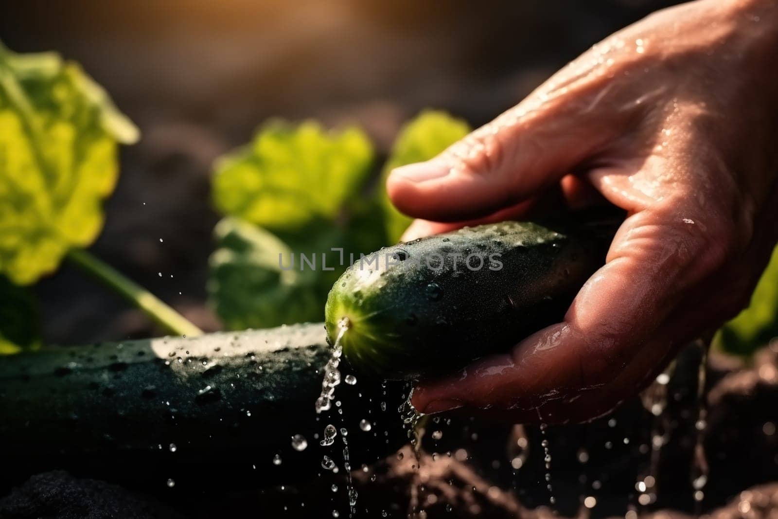 Hands watered from a watering can juicy cucumber leaves in a greenhouse. Generative AI High quality illustration