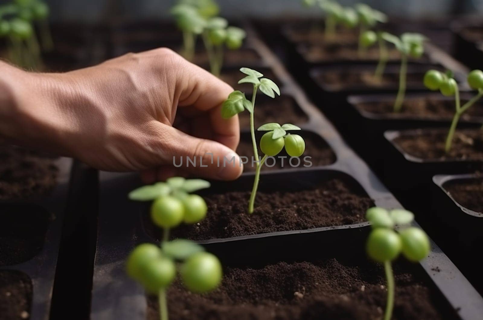 Hands planting green tomato seedlings on a bed in the greenhouse. Generative AI High quality illustration