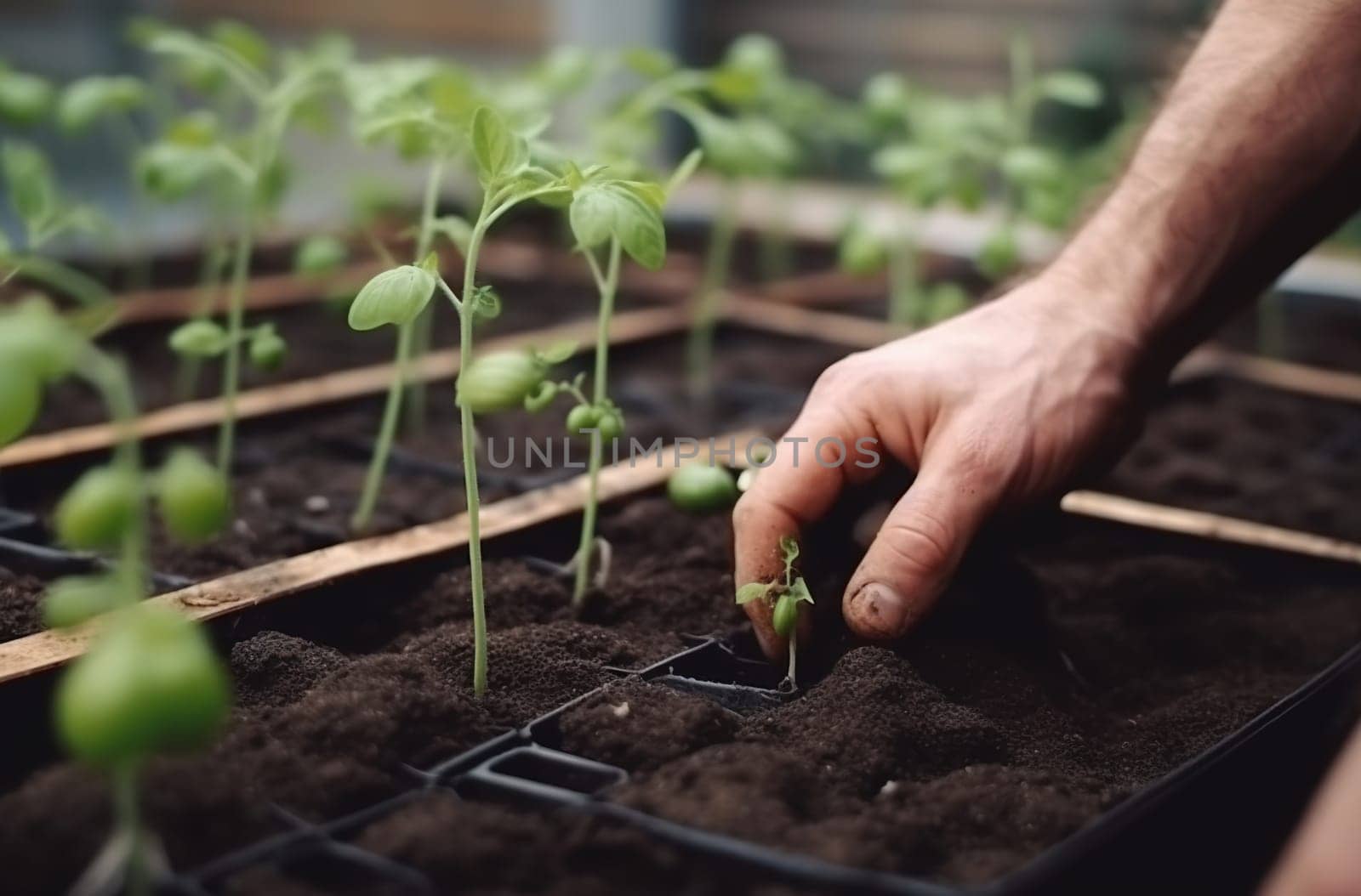 Hands planting green tomato seedlings on a bed in the greenhouse. Generative AI High quality illustration