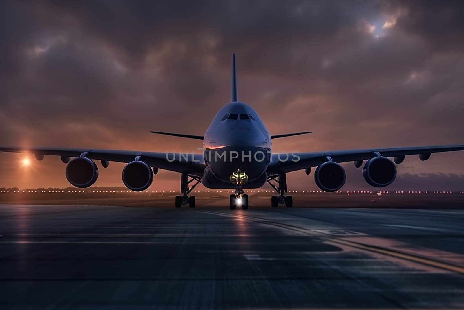 Huge plane on the runway at sunset. Atmospheric mood. Generative AI. High quality illustration