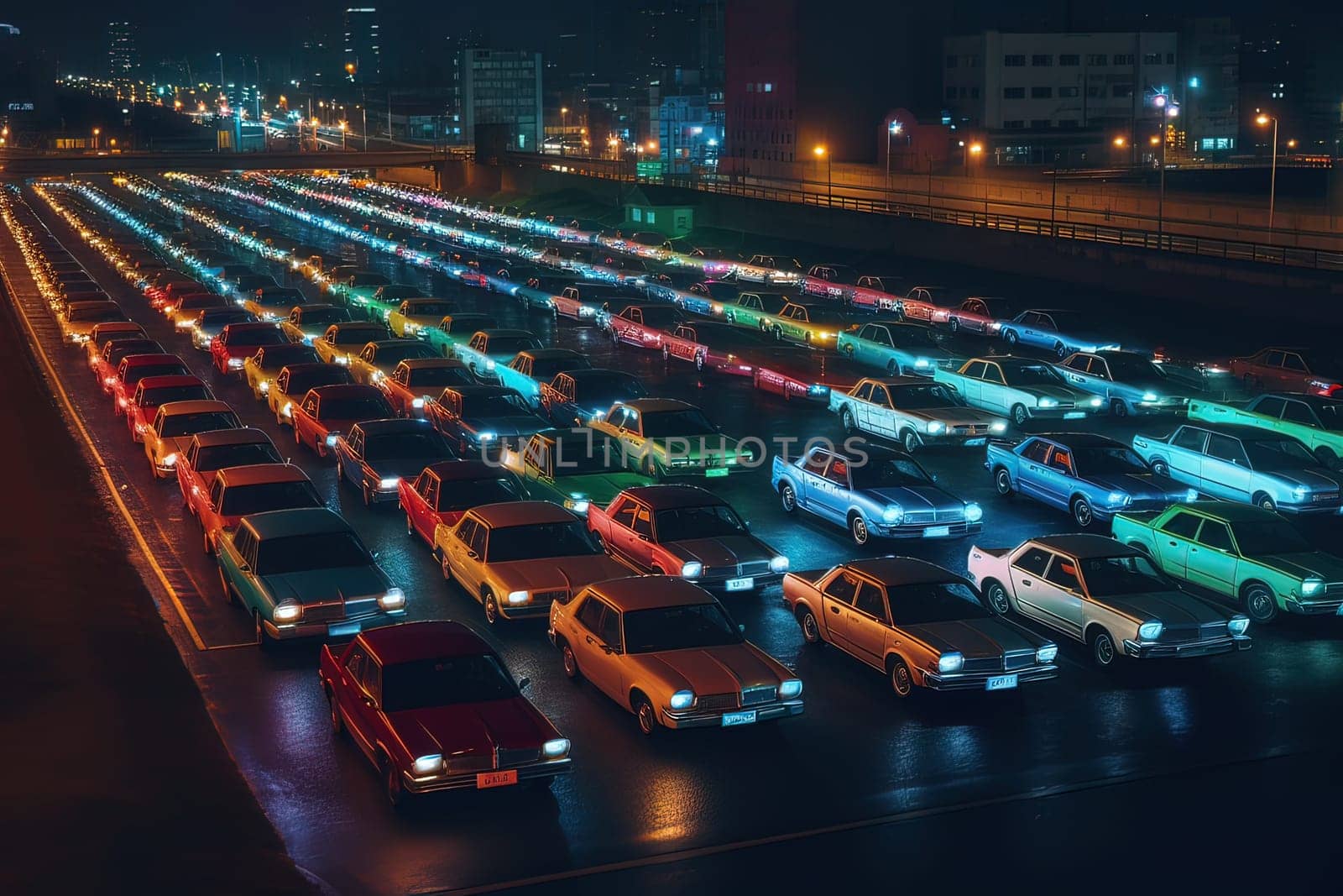 City parking with cars at night. Generative AI. High quality illustration