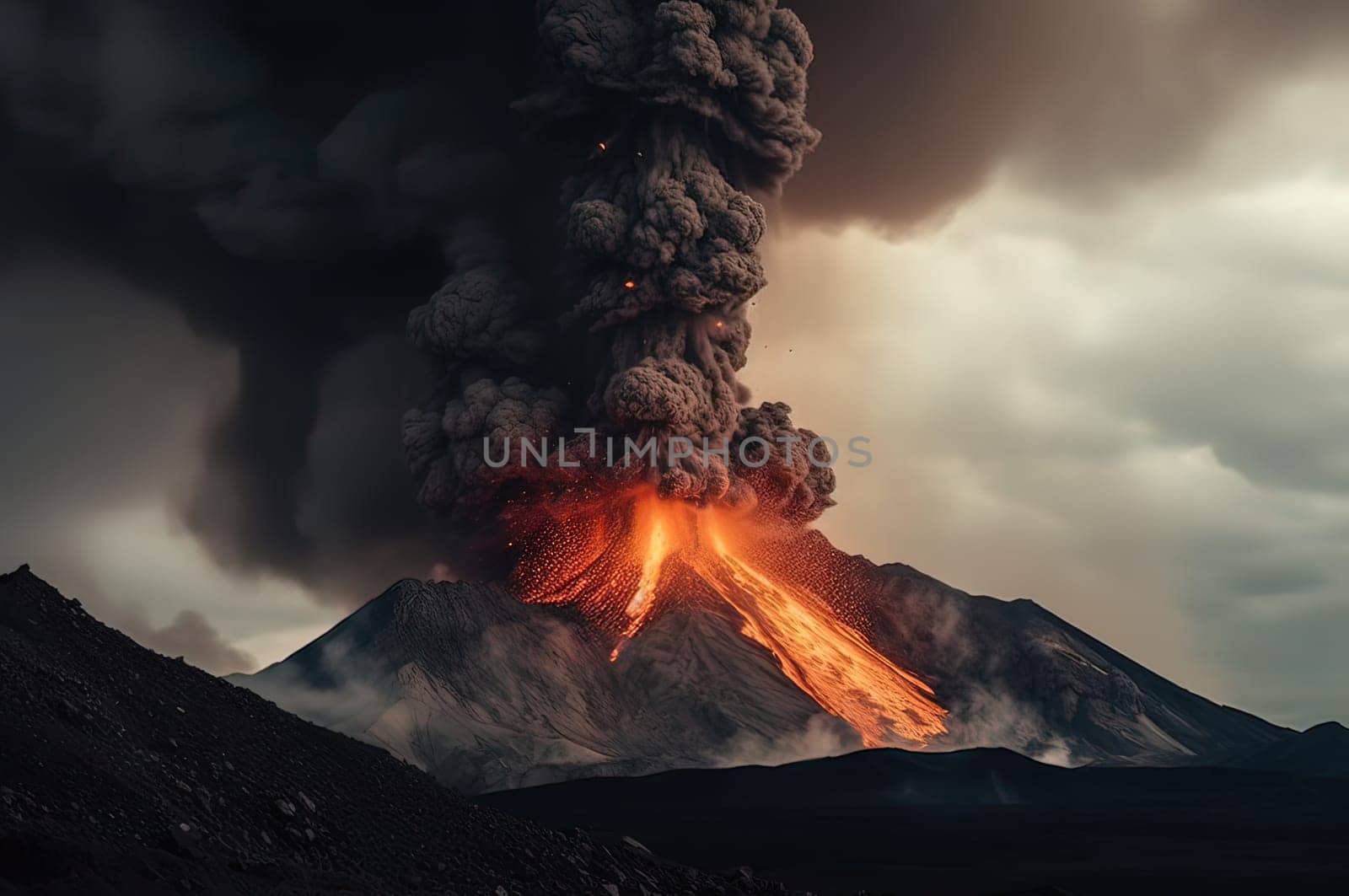 A volcanic eruption in the mountains with a column of lava and smoke. Generative AI High quality illustration