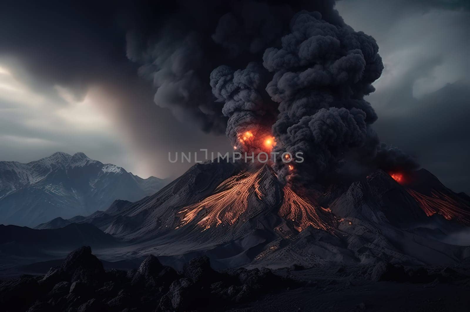 A volcanic eruption in the mountains with a column of lava and smoke. Generative AI High quality illustration