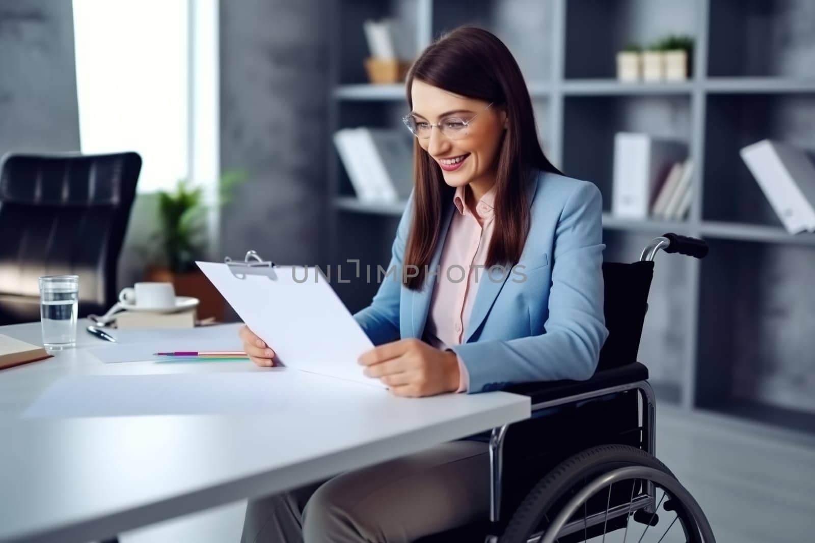 A young woman in a wheelchair working with documents in her office. Generative AI. High quality photo