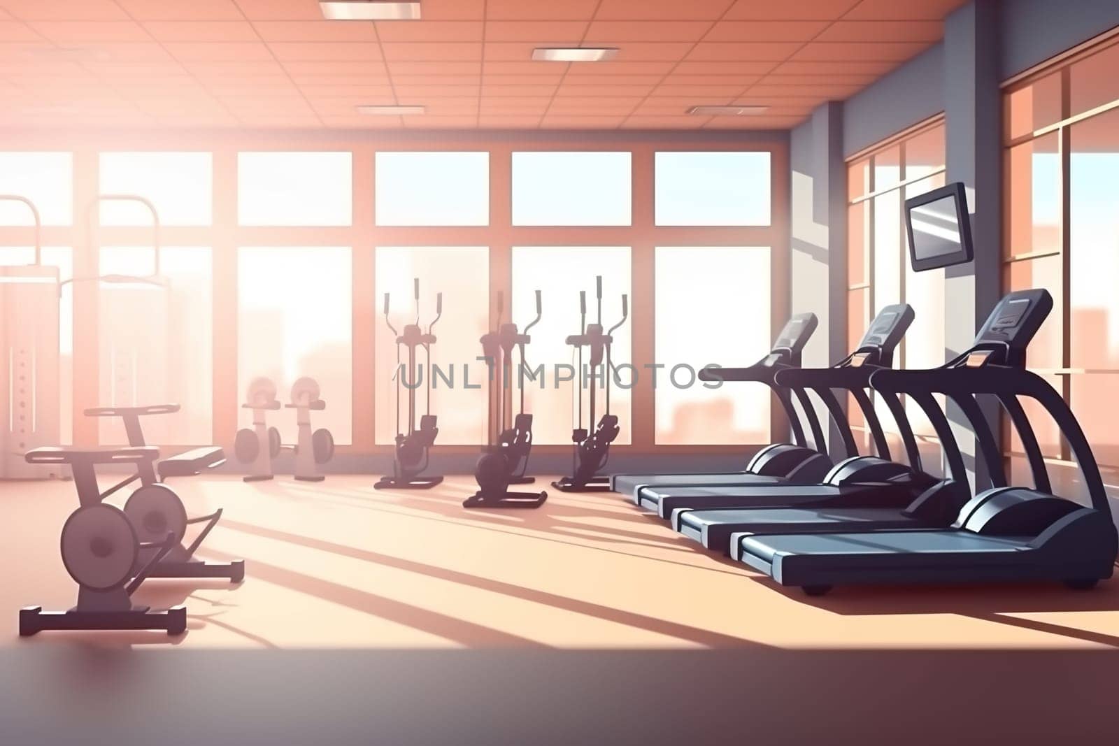 Empty gym with exercise equipment and large windows. Generative AI. High quality illustration
