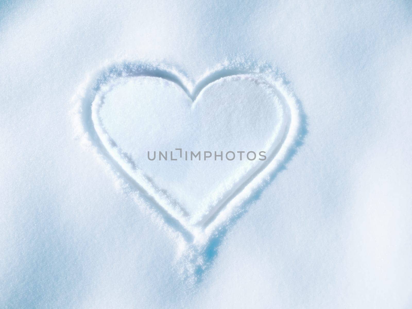 Heart, drawing and shape on ground in snow for love, romance and outdoor in winter for mockup space. Icon, emoji and romantic art, sign or creativity in ice, nature or frozen Valentines Day holiday by YuriArcurs