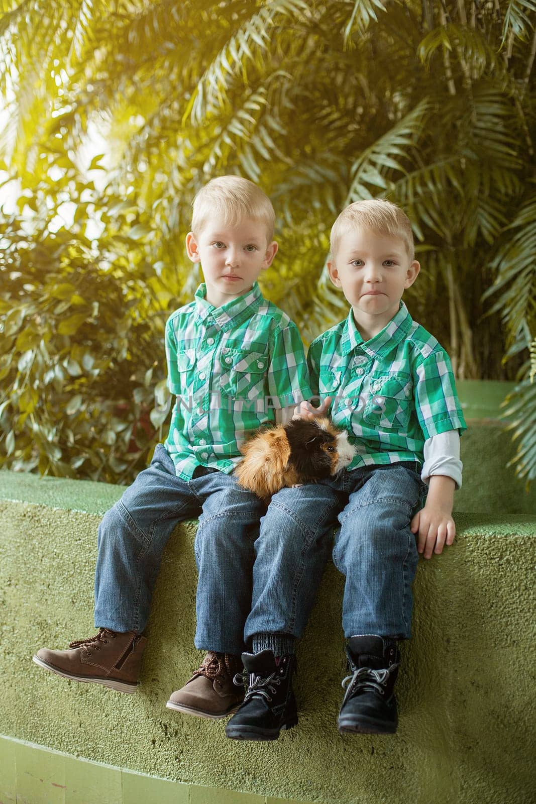 Image of cute blonde twins posing while sitting in park