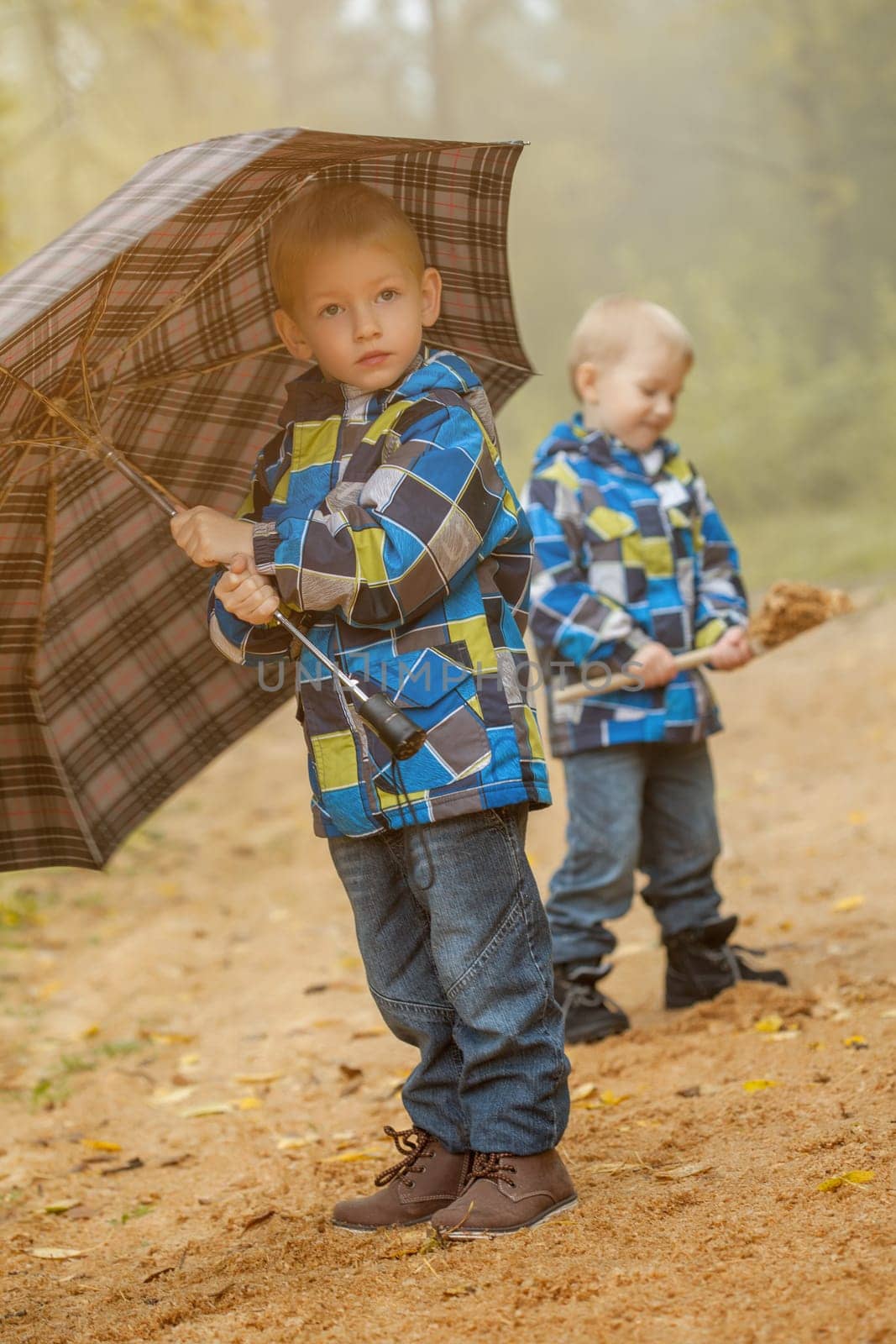 Image of cute twin brothers walking in autumn park