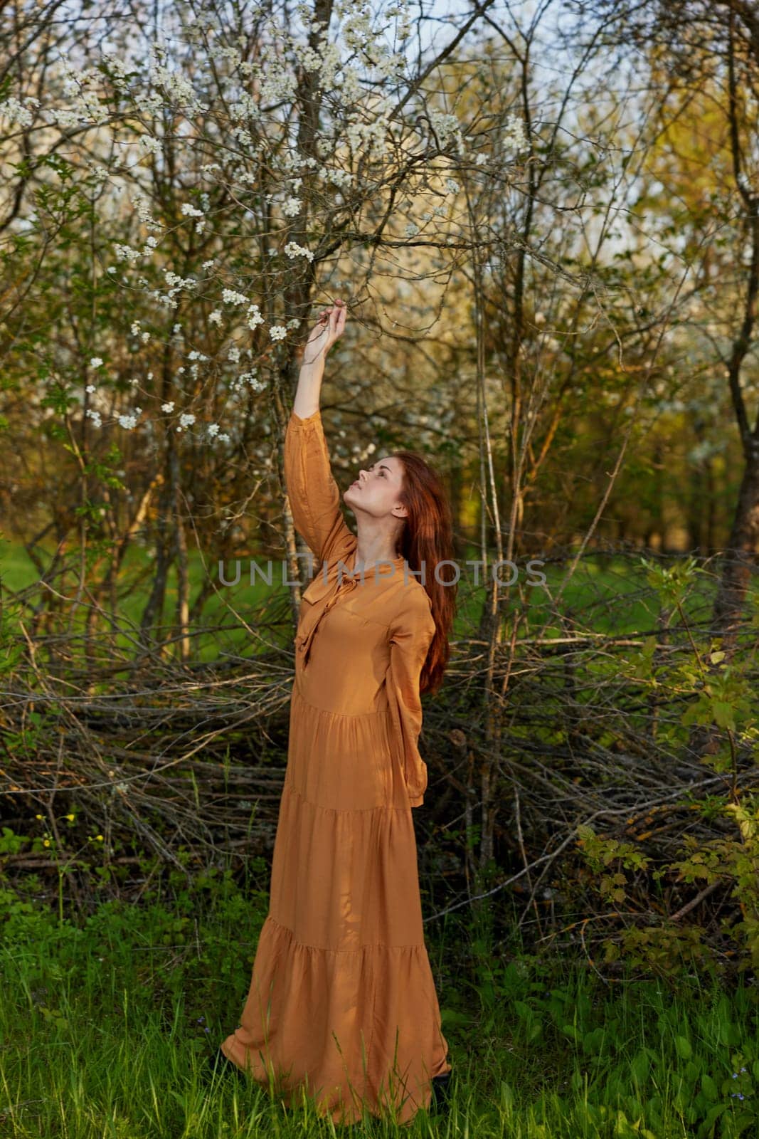 an elegant, sophisticated woman poses standing near a wicker fence in a dacha in a long orange dress, raising her hands up by Vichizh