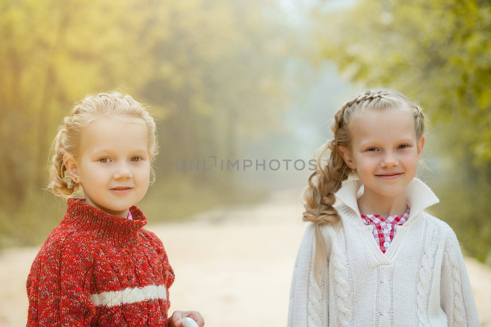 Portrait of pretty young sisters posing in park, close-up