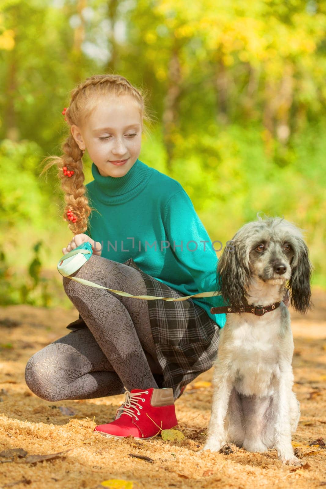Image of adorable little girl posing with dog outdoors