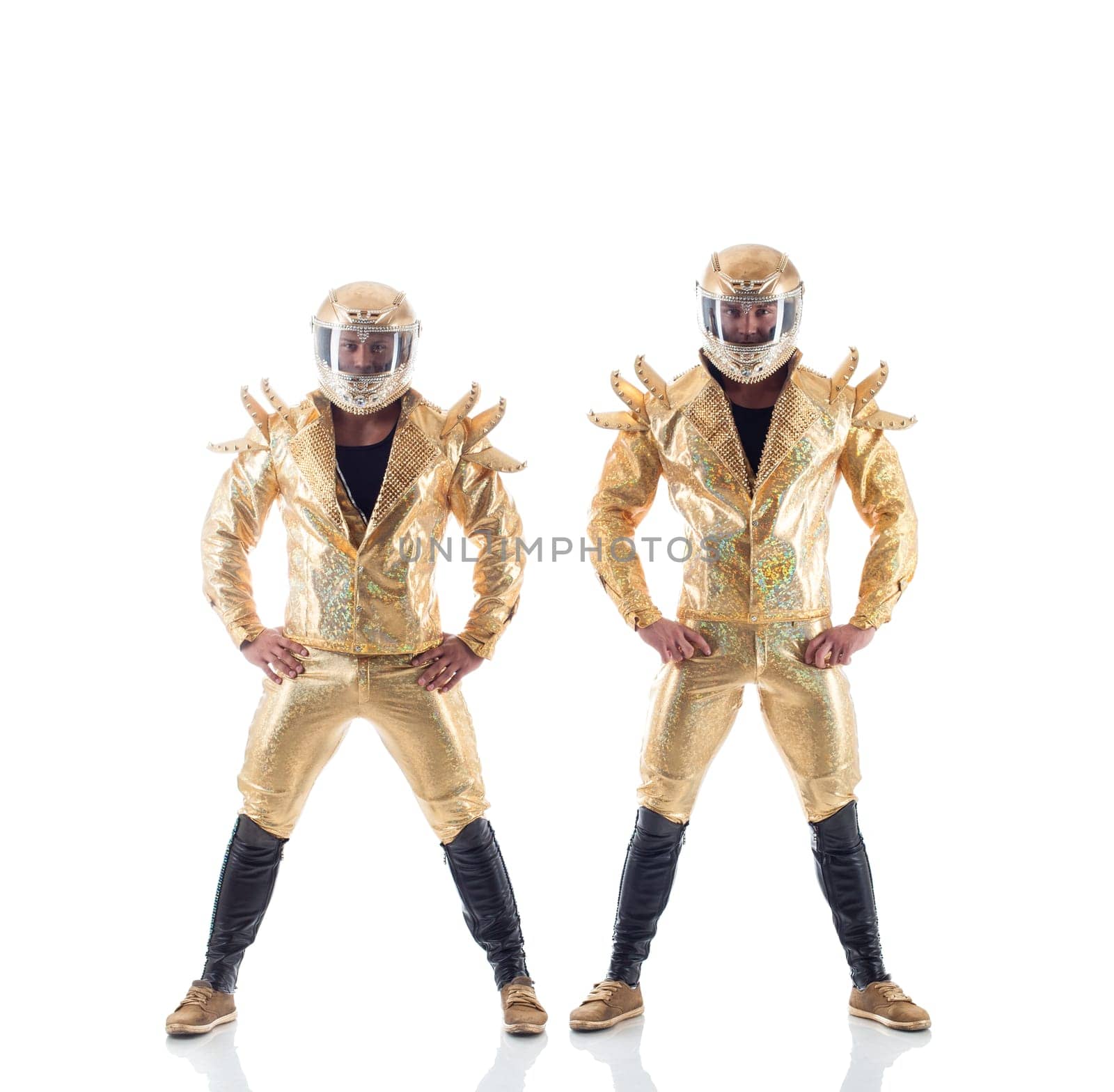 Two muscled strippers isolated on white background
