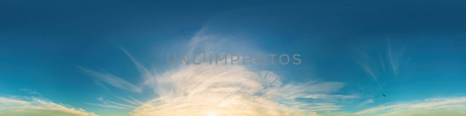 Sunset sky panorama with dramatic bright glowing pink Cirrus clouds. HDR 360 seamless spherical panorama. Full zenith or sky dome for 3D visualization, sky replacement for aerial drone panoramas. by Matiunina