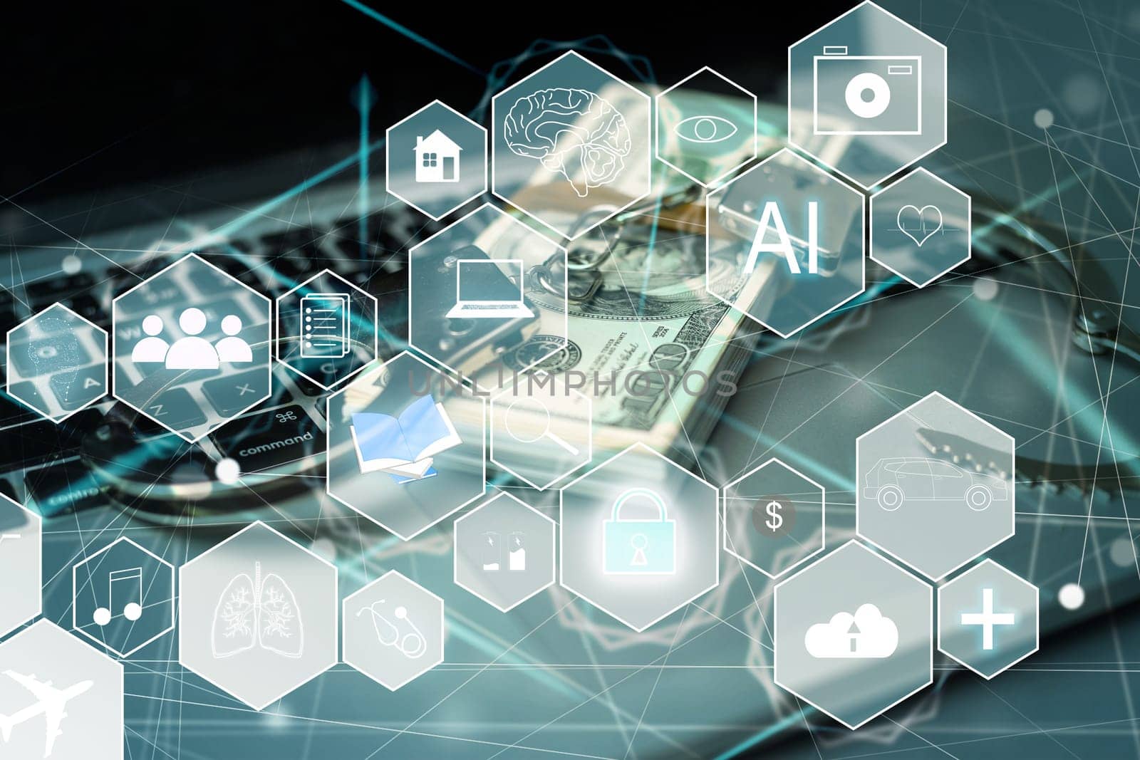 AI (Artificial Intelligence) concept. Electronic circuit. Communication network