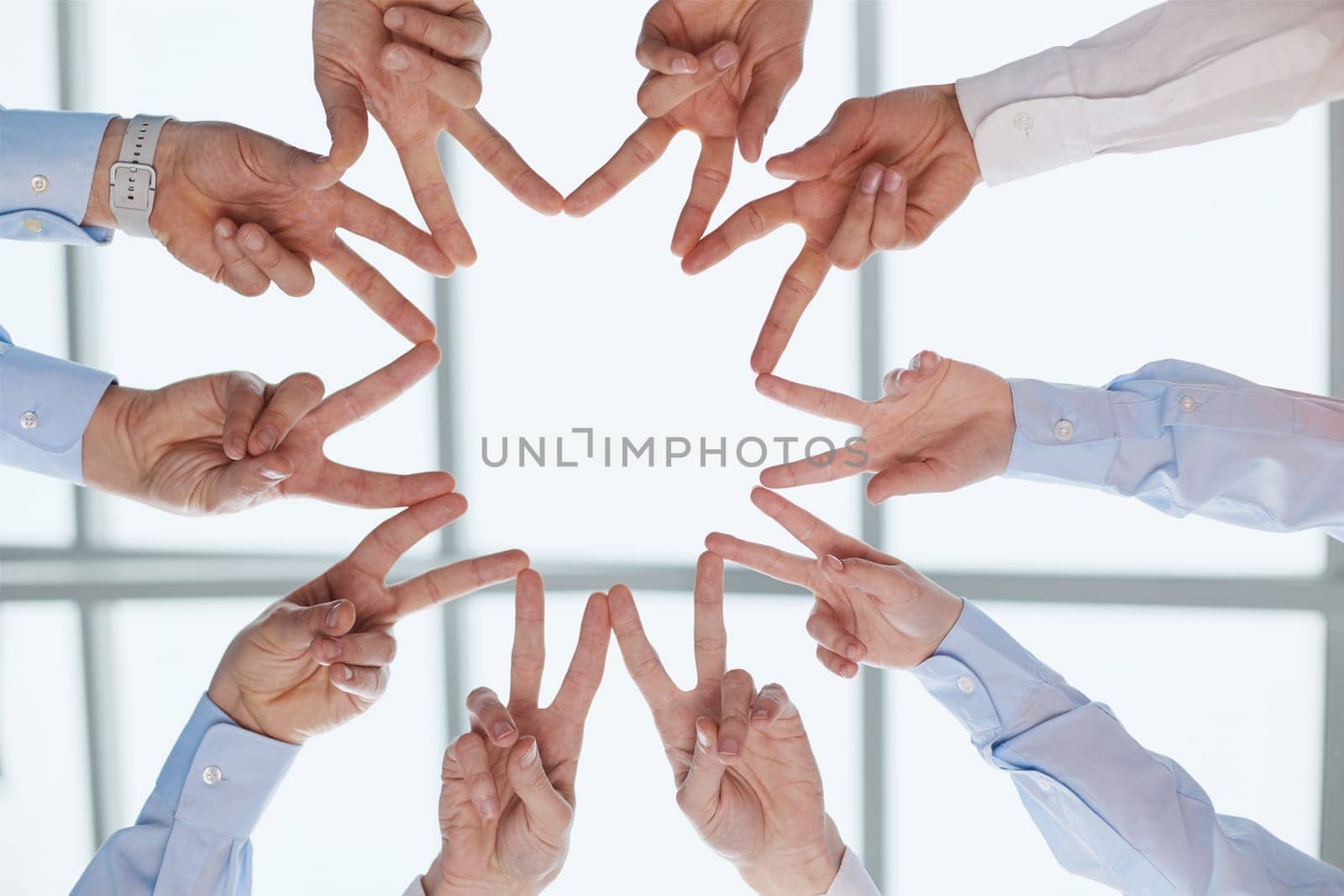 Meeting, about us and employee fingers together for solidarity, mission or creative work goal