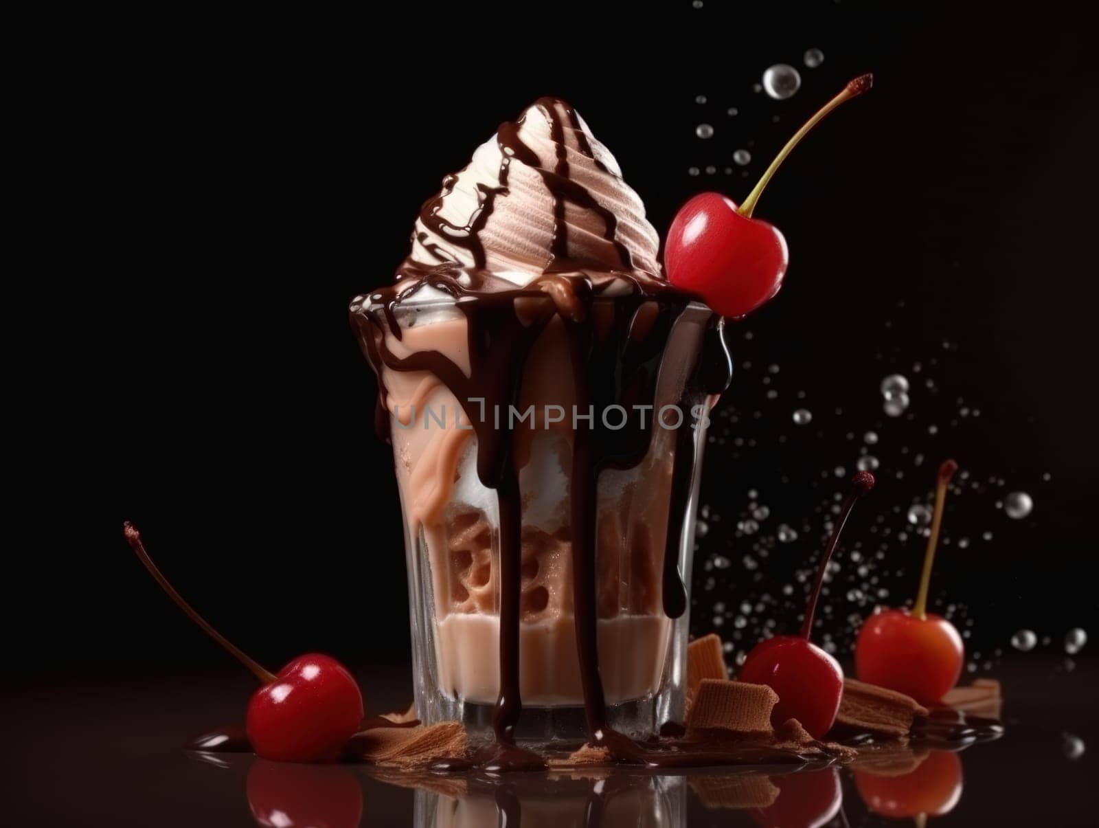 Chocolate milkshake with whipped cream and cherry. Generative AI by nateemee