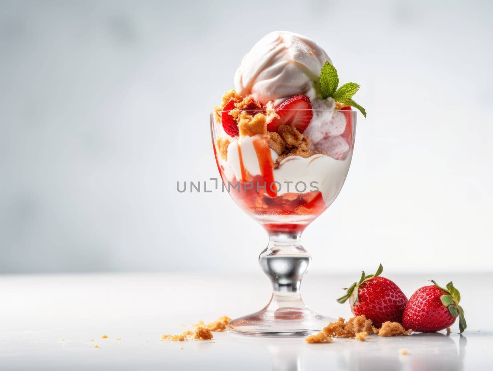 Ice cream sundae with strawberry sauce on white table. Generative AI.