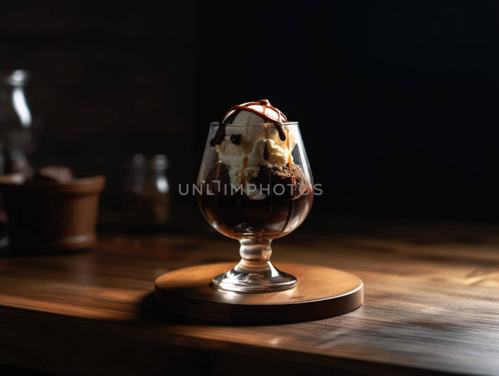 Tasty cold chocolate and vanilla ice cream sundae. Generative AI.