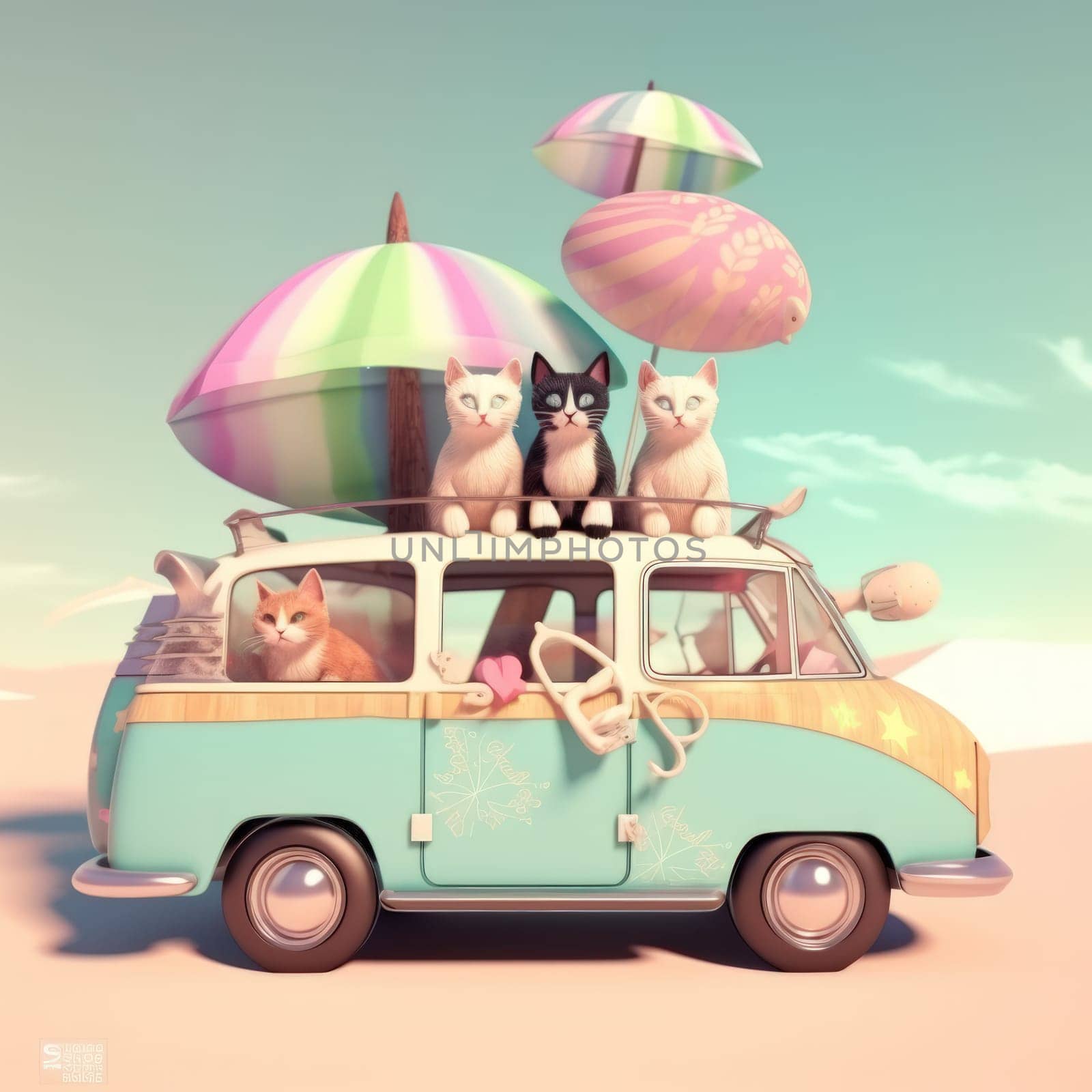 Adorable cat sittign on the car, ready for travel, summer concept. Generative AI.