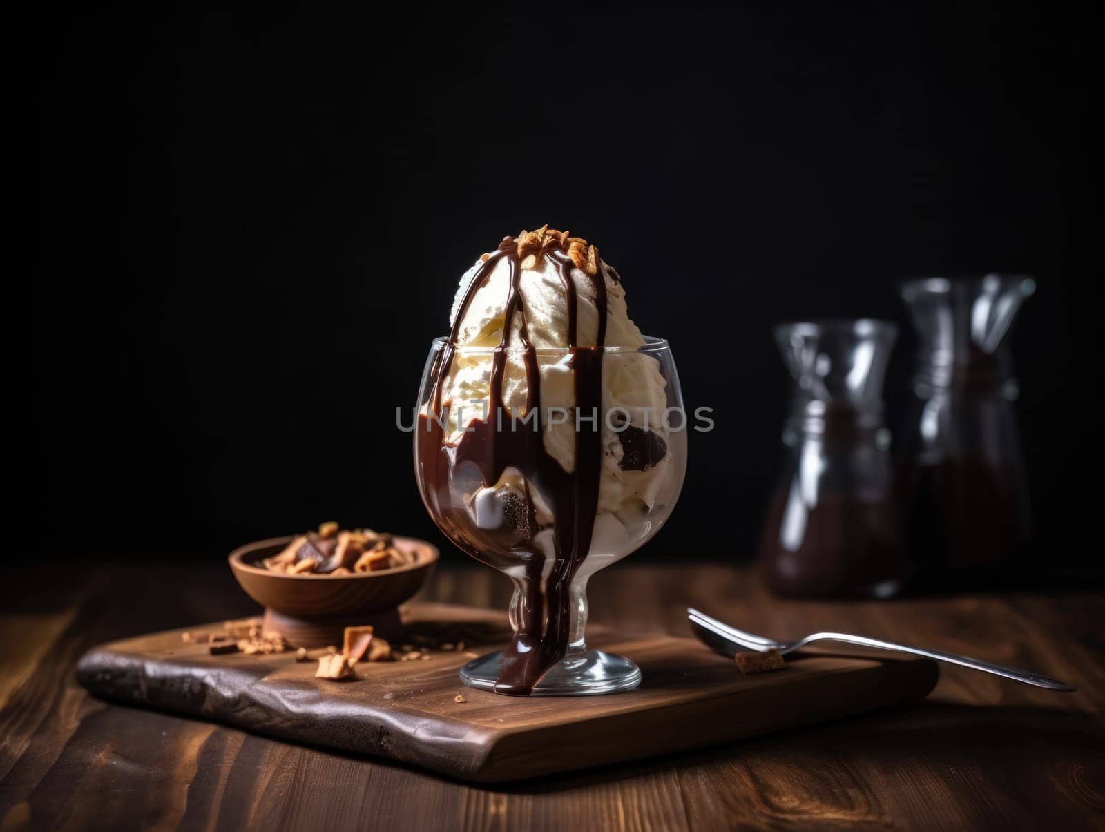 Tasty cold chocolate and vanilla ice cream sundae. Generative AI by nateemee