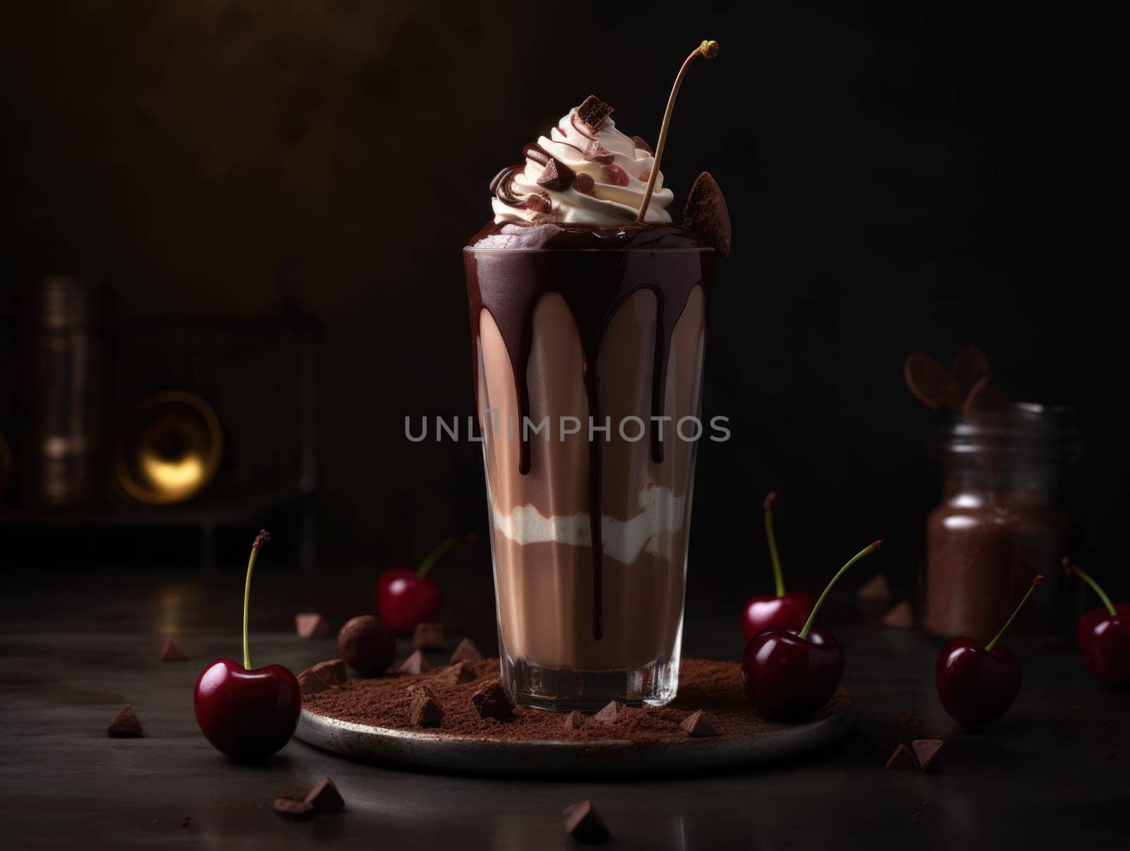 Chocolate milkshake with whipped cream and cherry. Generative AI by nateemee