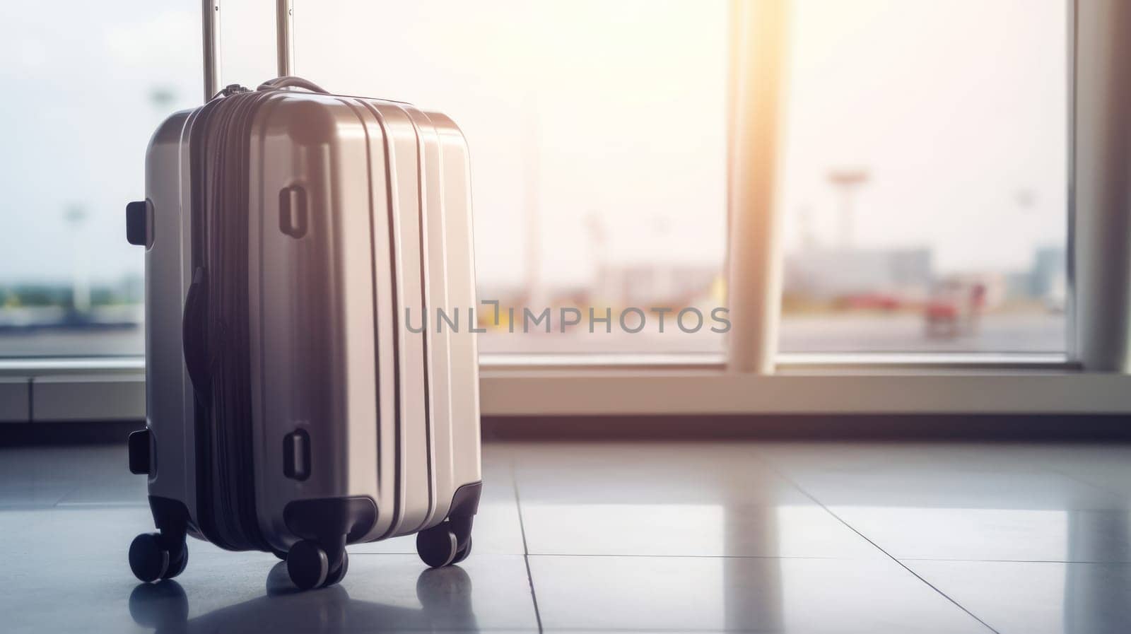 Travel suitcase with airport defocused background. Generative AI by nateemee