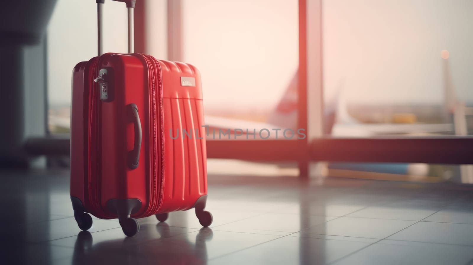 Travel suitcase with airport defocused background. Generative AI by nateemee