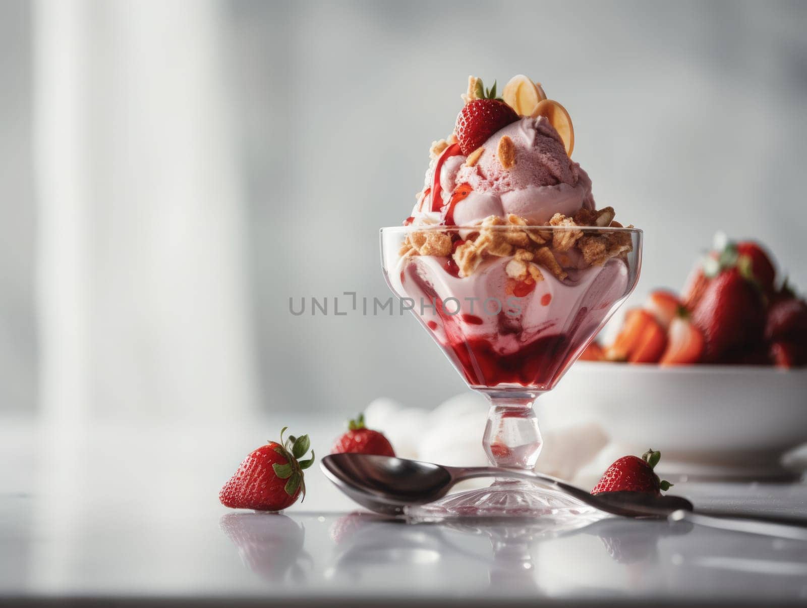 Ice cream sundae with strawberry sauce on white table. Generative AI.