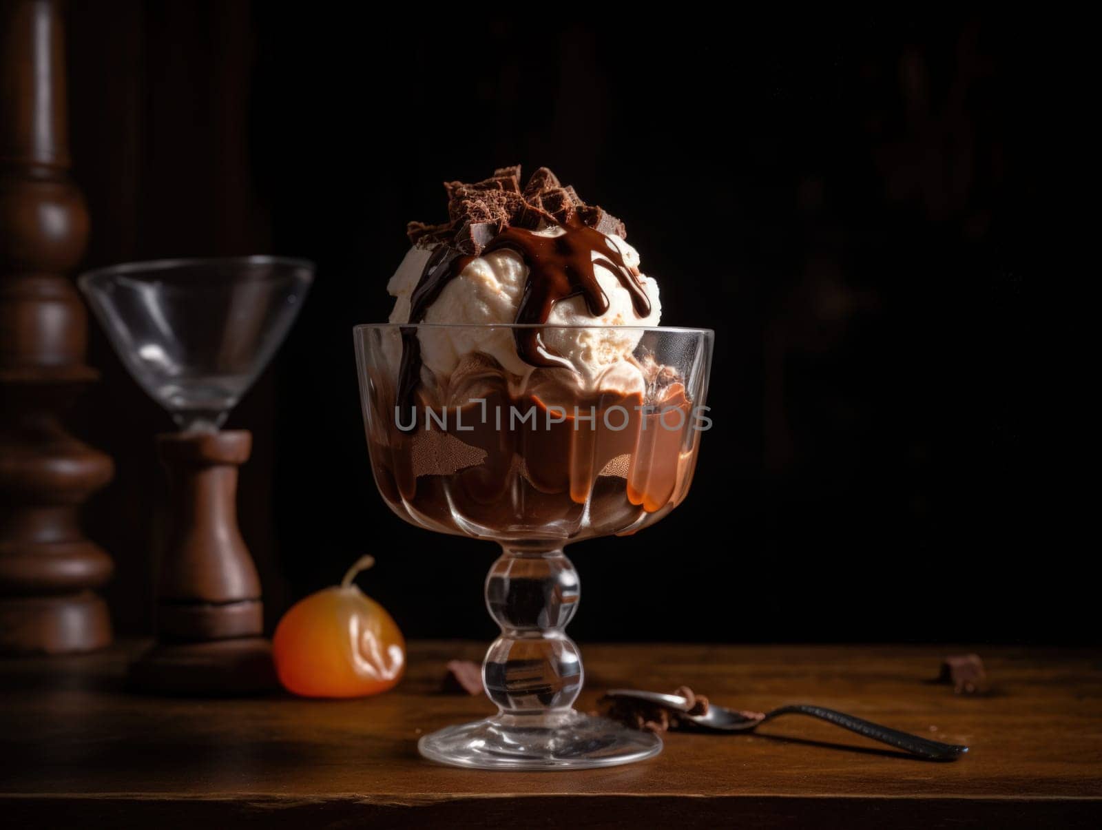 Tasty cold chocolate and vanilla ice cream sundae. Generative AI.