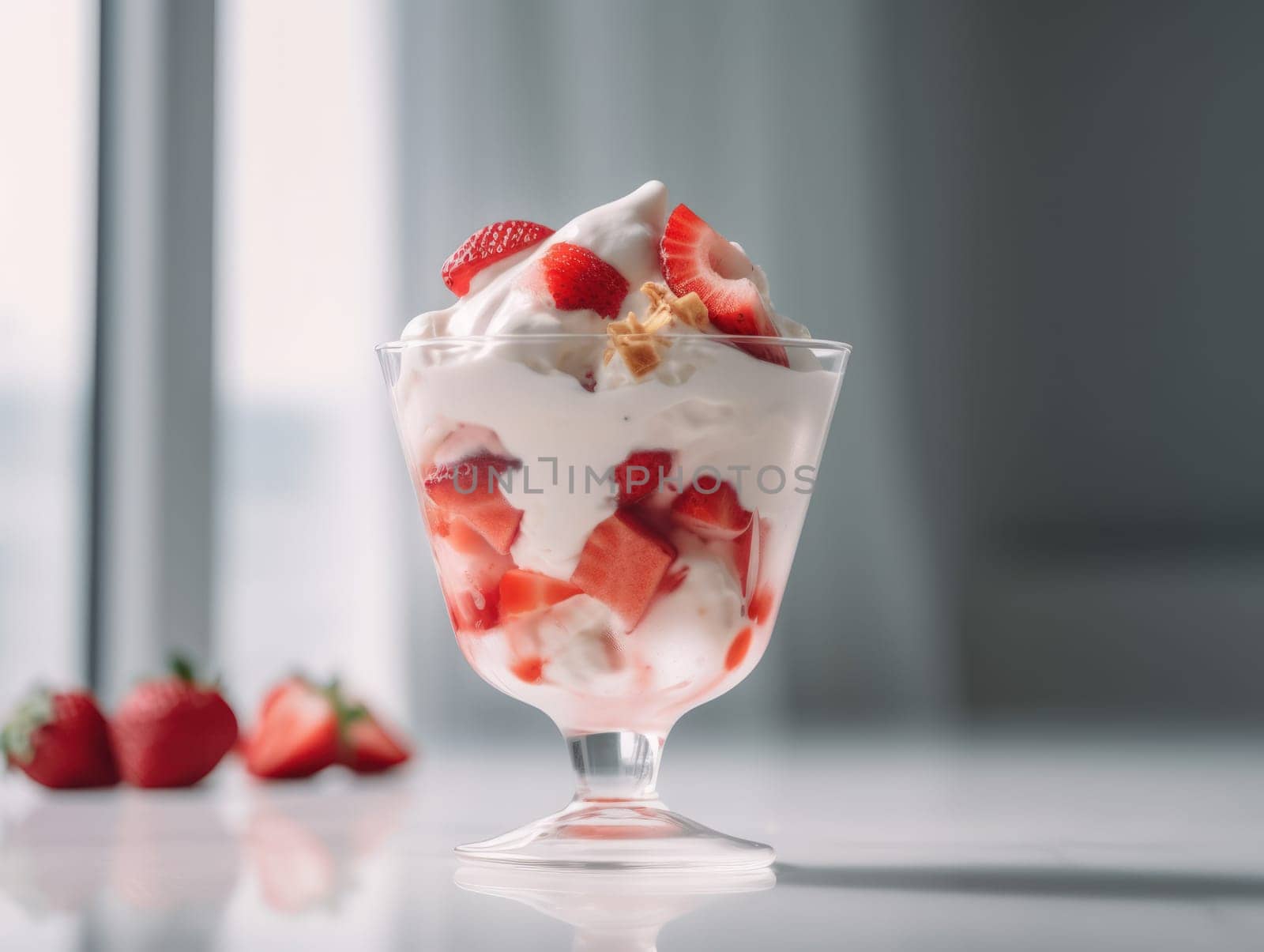 Ice cream sundae with strawberry sauce on white table. Generative AI by nateemee