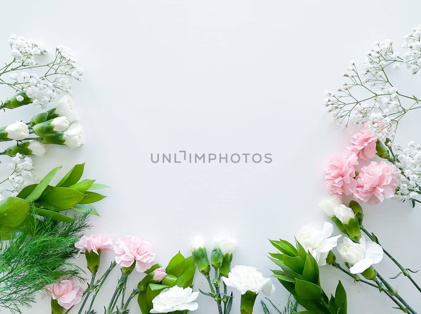 Close up photo of a bouquet of pink and white carnations isolated on a white background. With empty space for text or inscription. For postcard, advertisement or website.