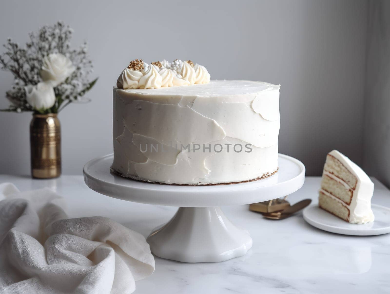 Beautiful vanila cake on the table. Generative AI by nateemee