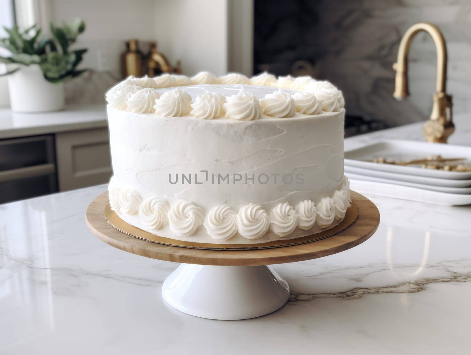 Beautiful vanila cake on the table. Generative AI by nateemee